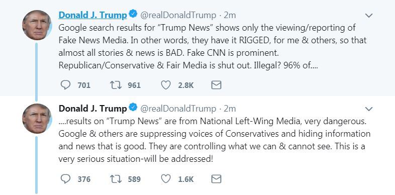 特朗普炮轰谷歌等操纵搜索结果：负面新闻太显眼