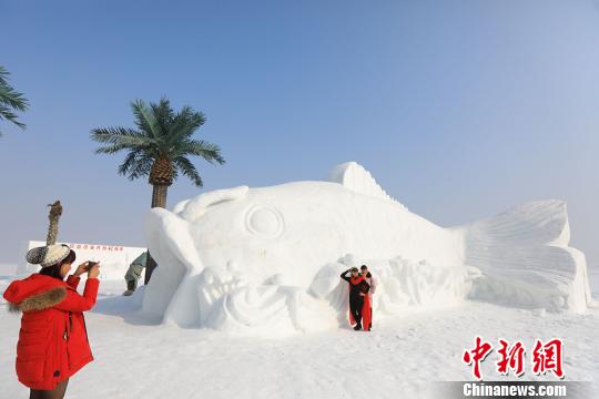 游客在巨型雪雕“鲤鱼隧道”前拍照留念。　年磊 摄